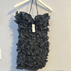 Anthropologie Black Strapless Dress with White Polka Dots